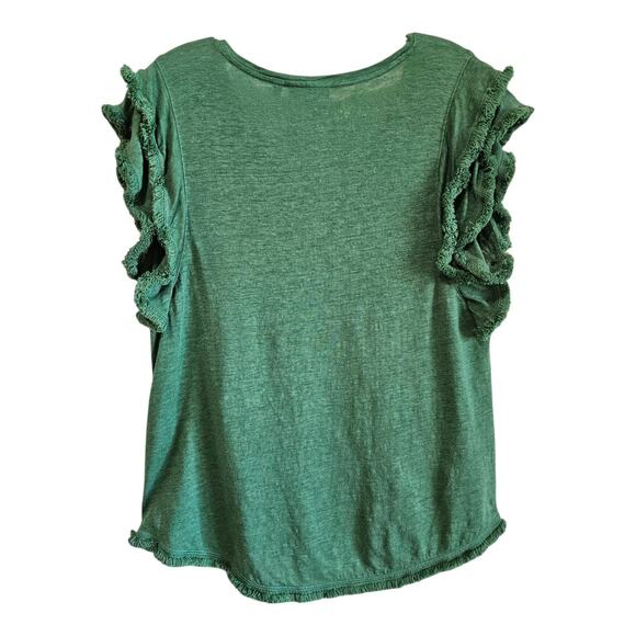 CHICO'S 2 Women's L 100% Linen Top Green Fringe Short Flutter Sleeve 38" - Picture 7 of 8